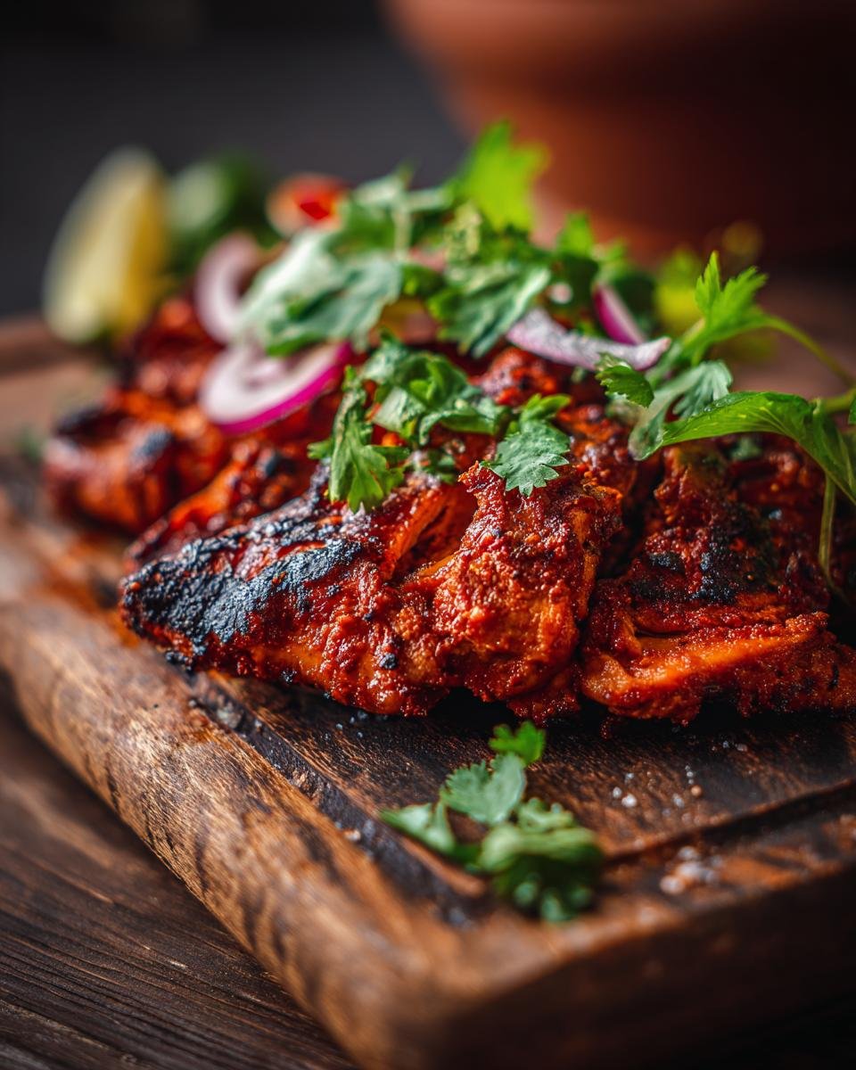 Nahaufnahme von saftigen, marinierten H&auml;hnchenteilen f&uuml;r das Santa Fe Chicken Rezept, garniert mit Zwiebeln und Koriander.