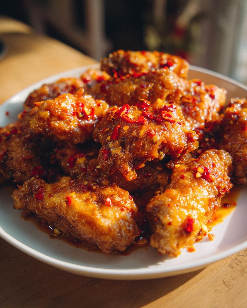 Nahaufnahme von knusprigen H&auml;hnchenfl&uuml;geln, &uuml;berzogen mit einer w&uuml;rzigen, gl&auml;nzenden Sauce und bestreut mit Chiliflocken.