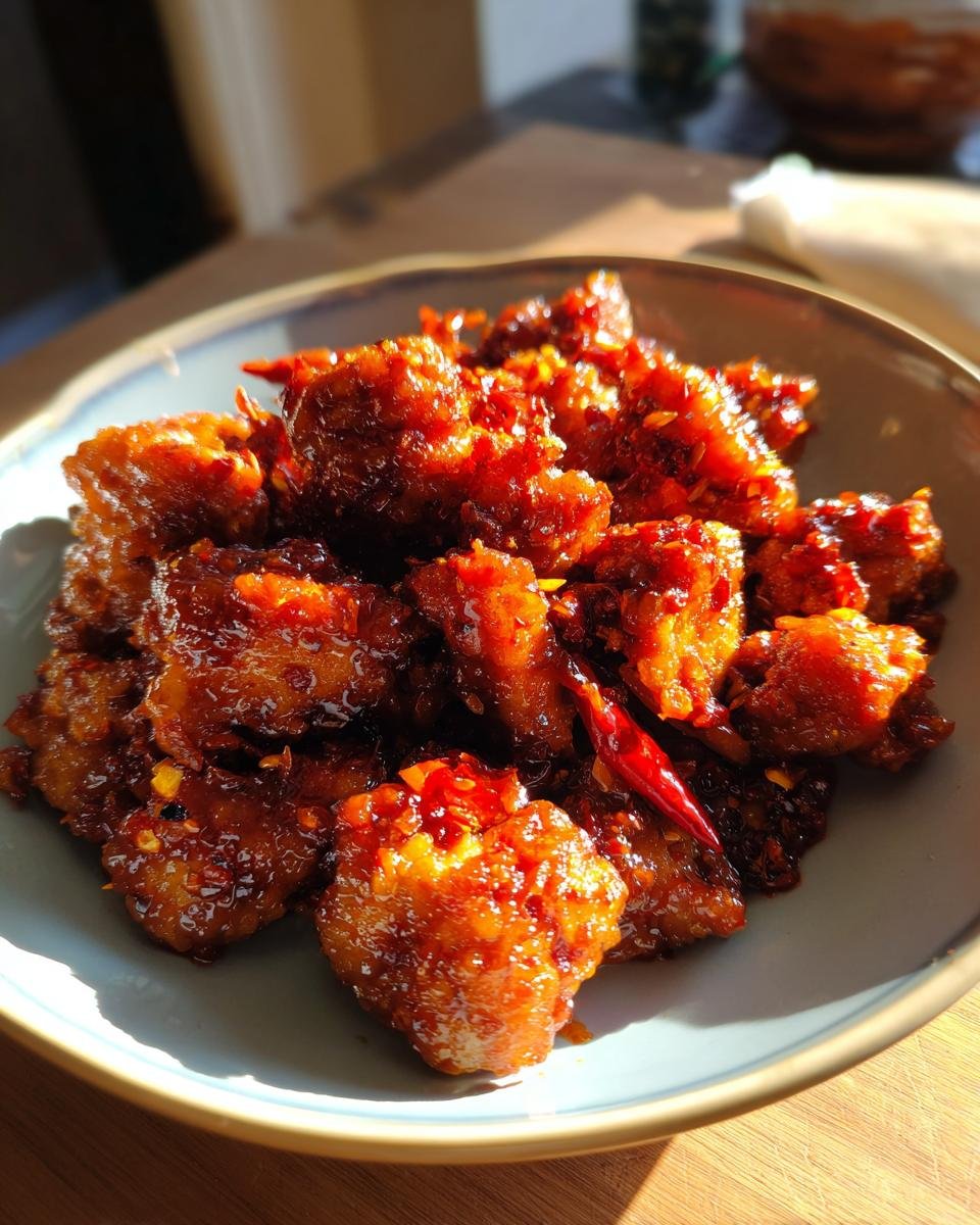 Nahaufnahme von knusprig gebratenem H&auml;hnchen in einer scharfen, roten Sauce, garniert mit Chiliflocken und ganzen getrockneten Chilis.