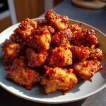 Teller mit scharfen H&auml;hnchen-Bites, &uuml;berzogen mit einer gl&auml;nzenden, roten Chilisauce und frischen Chilist&uuml;cken.