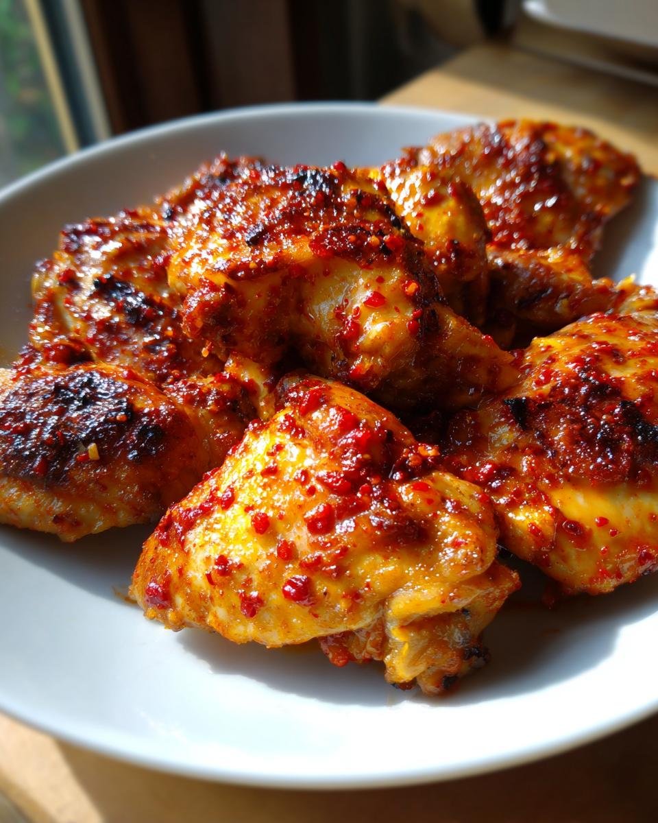 Nahaufnahme von scharfen H&auml;hnchenfl&uuml;geln mit Gew&uuml;rzen und einer gl&auml;nzenden Glasur, Teil der 10 scharfen H&auml;hnchenrezepte.