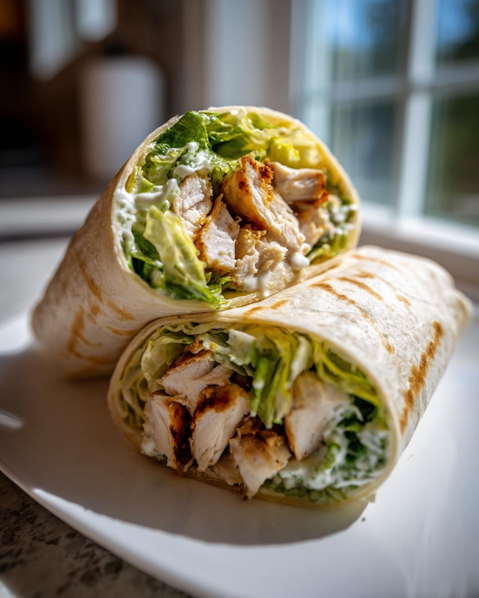 Halbierter H&auml;hnchen Caesar Wrap mit gegrilltem H&auml;hnchen, Salat und cremiger Sauce.