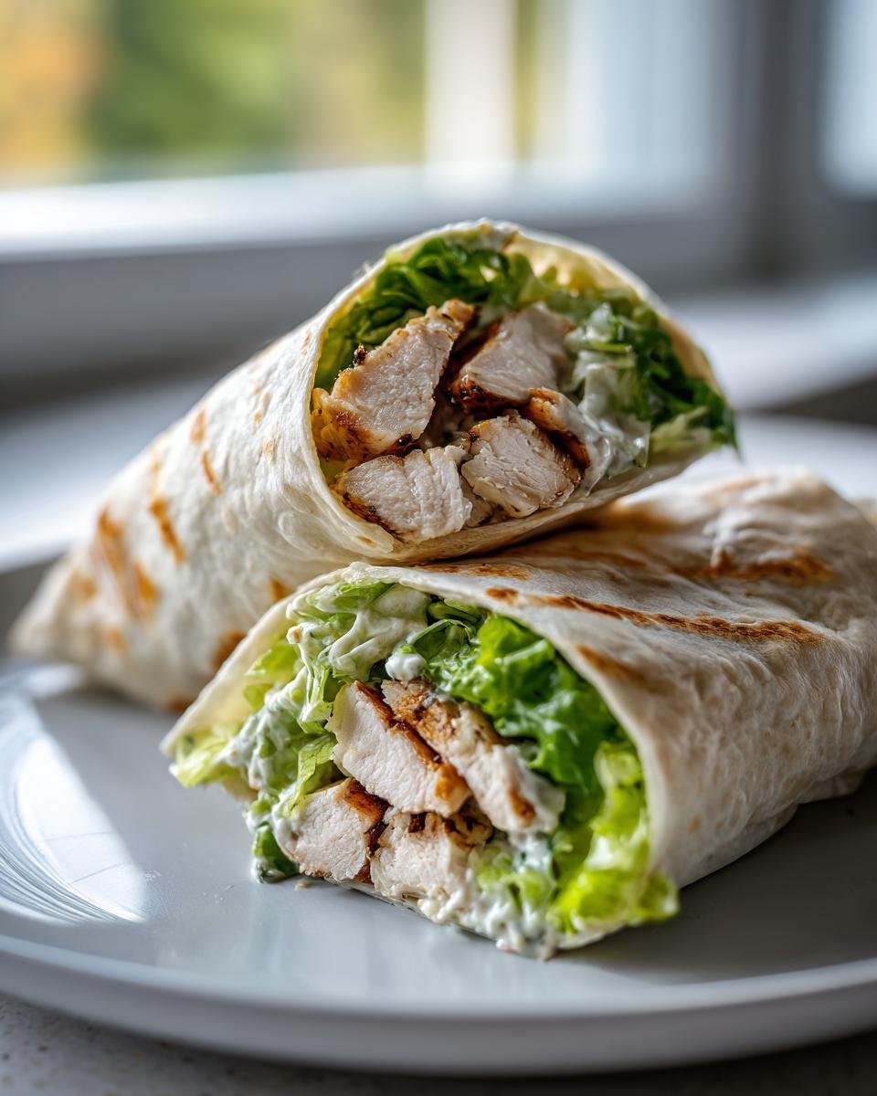 Nahaufnahme eines saftigen H&auml;hnchen-Caesar-Wraps mit gegrilltem H&auml;hnchen, Salat und cremiger Sauce.