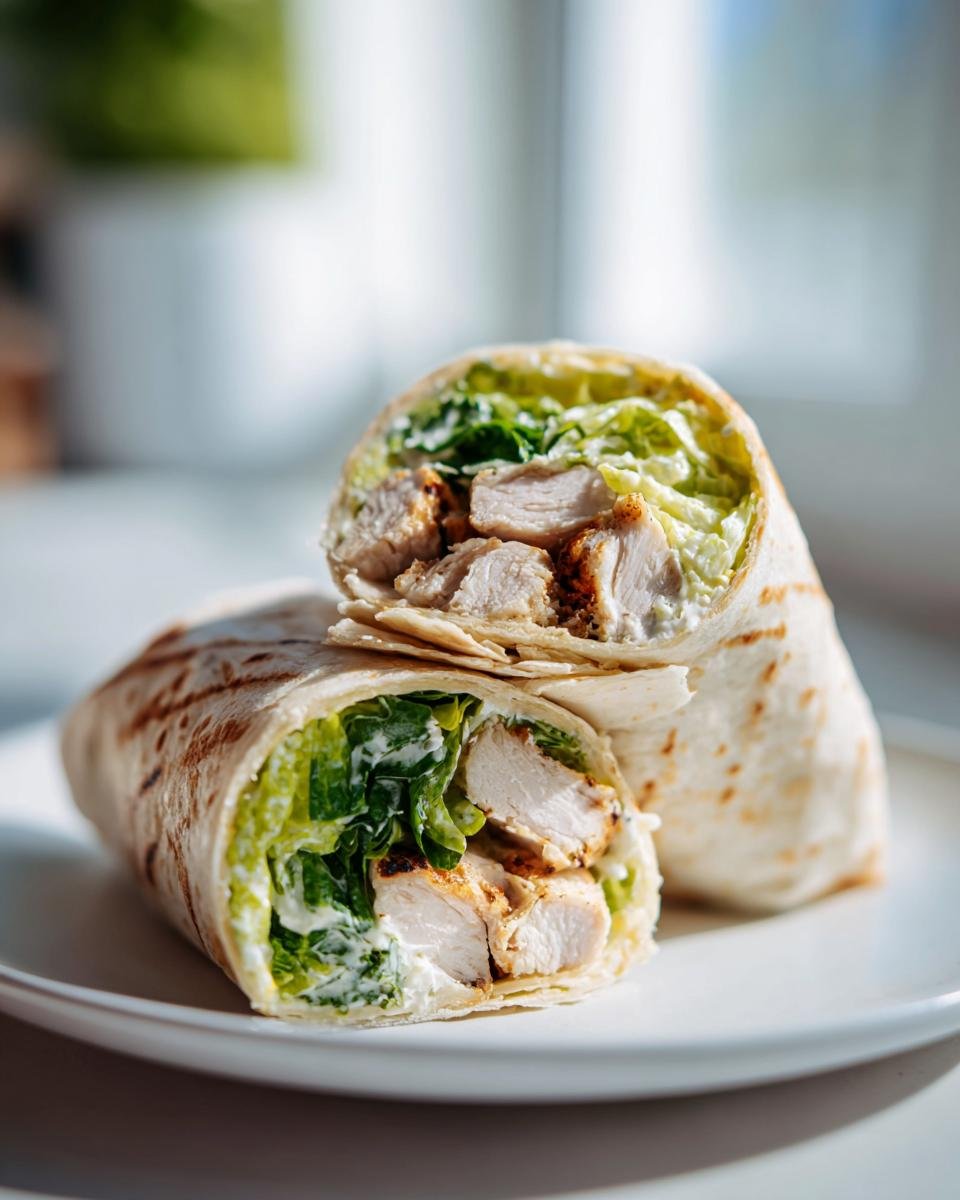 Ein aufgeschnittener H&auml;hnchen Caesar Wrap mit gegrilltem H&auml;hnchen, Salat und cremiger Sauce.