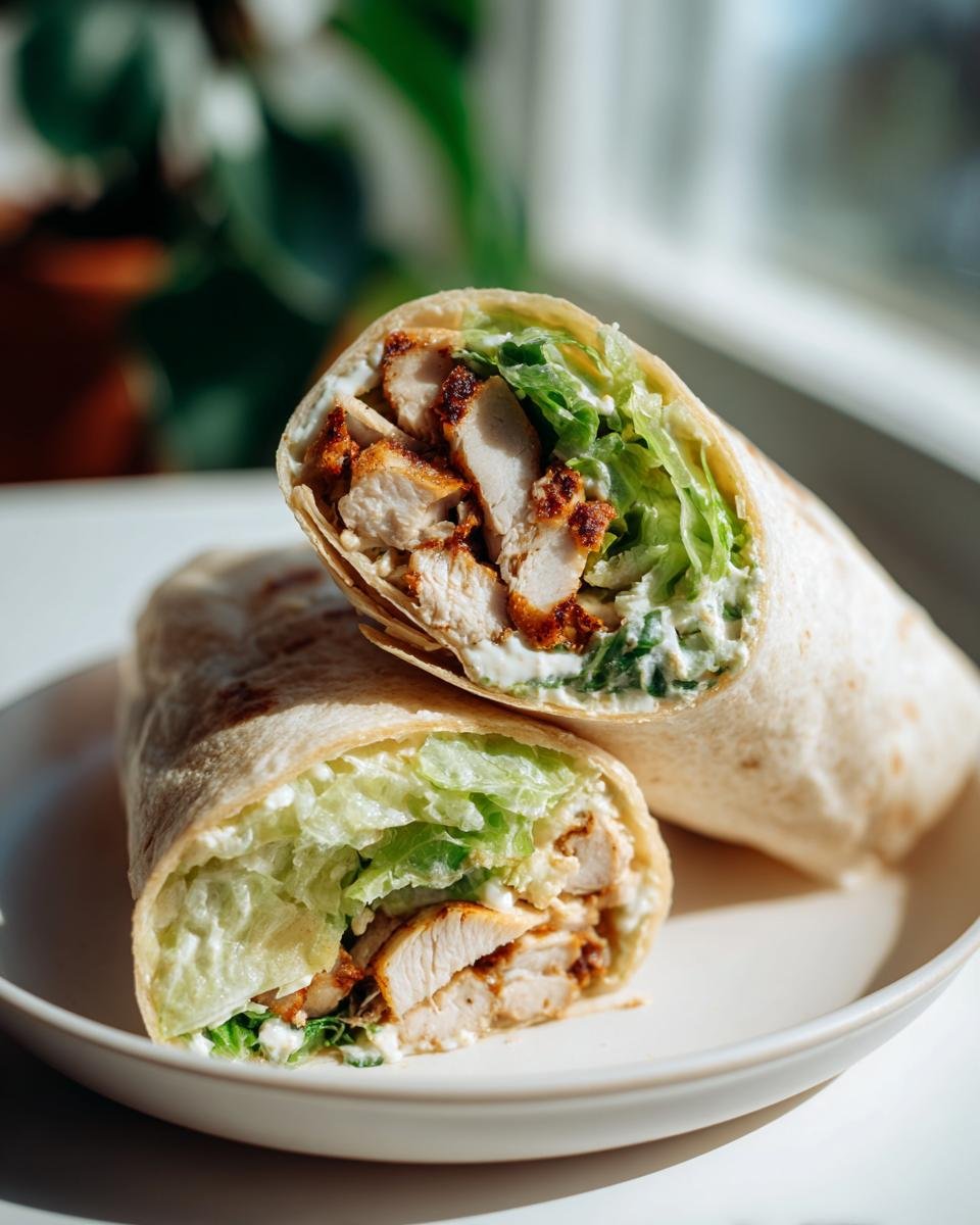 Ein aufgeschnittener H&auml;hnchen-Caesar-Wrap mit saftigem H&auml;hnchenfleisch, knackigem Salat und cremiger Sauce.