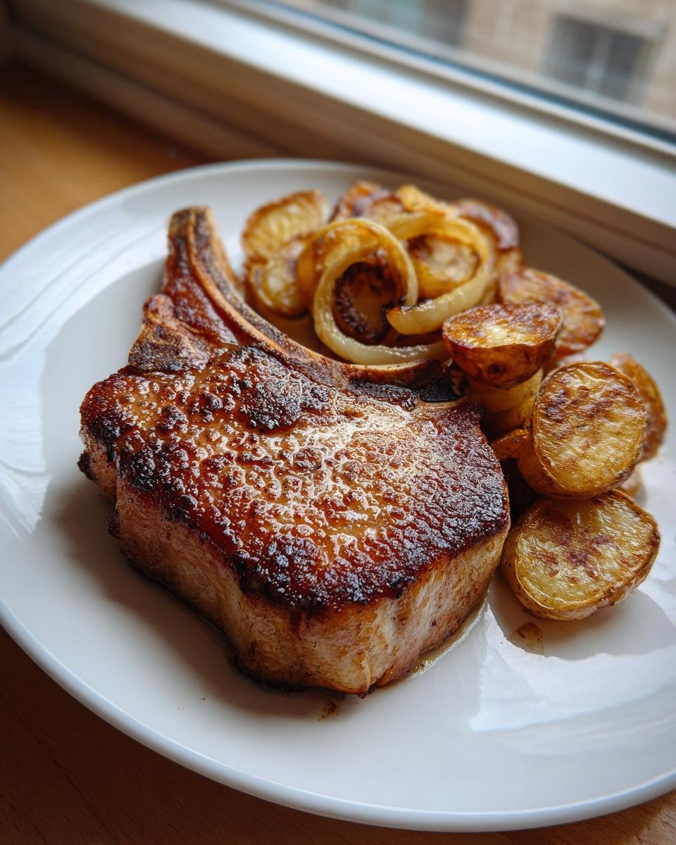 Ein saftiges gebratenes Kotelett mit knusprigen Bratkartoffeln und karamellisierten Zwiebeln &ndash; das perfekte Gericht f&uuml;r Schweinekoteletts und Kartoffeln.