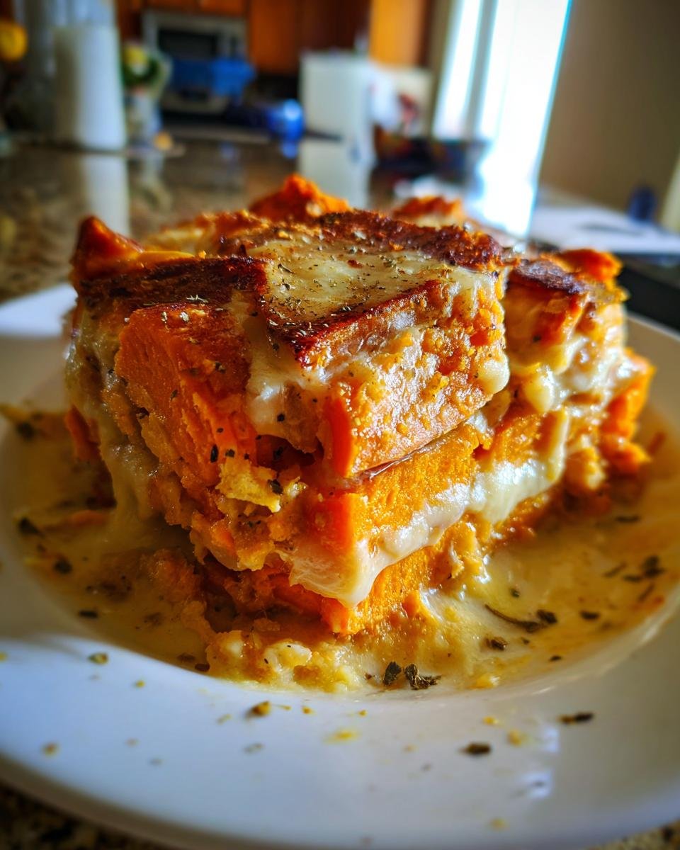 Nahaufnahme eines cremigen St&uuml;cks S&uuml;&szlig;kartoffelgratin mit geschmolzenem K&auml;se und Kr&auml;utern auf einem wei&szlig;en Teller.