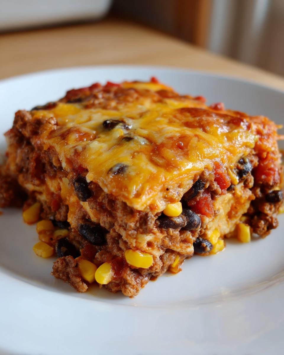 Ein großes Stück Taco Casserole mit geschmolzenem Käse, Mais und schwarzen Bohnen auf einem weißen Teller.