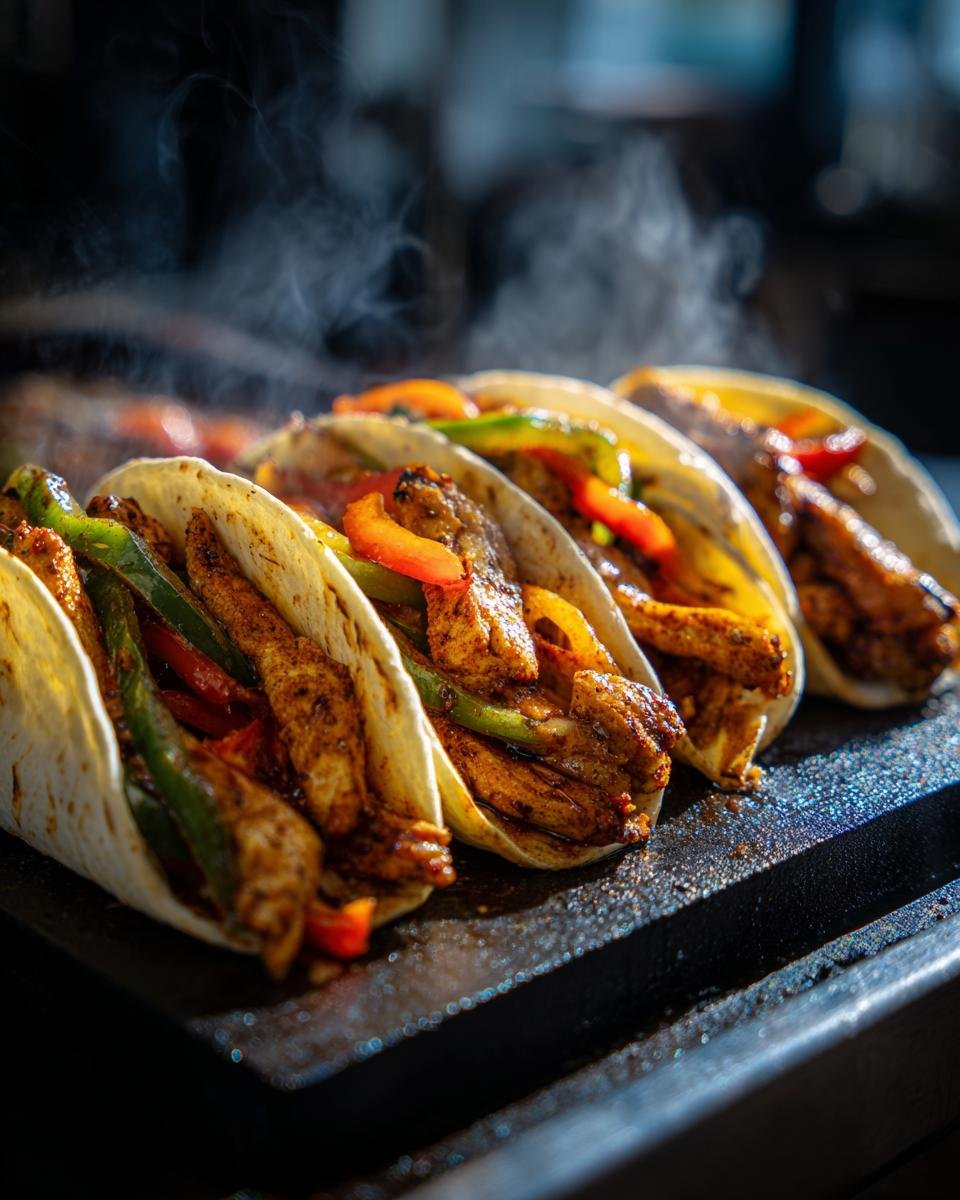 Vier dampfende Sizzling Blackstone Fajitas gef&uuml;llt mit saftigem H&auml;hnchen, Paprika und Zwiebeln auf einer hei&szlig;en Platte.