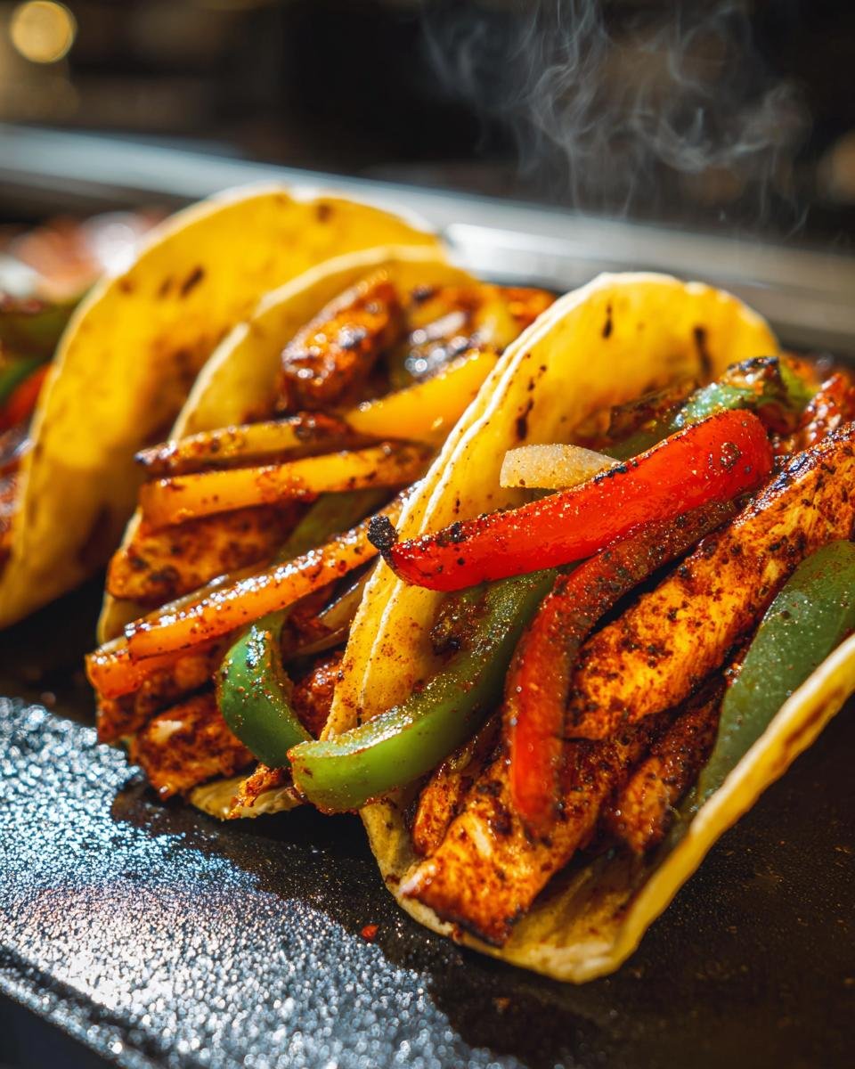 Nahaufnahme von Sizzling Blackstone Fajitas mit saftigem H&auml;hnchenfleisch, Paprika und Zwiebeln in Tortillas.