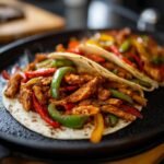 Zwei Sizzling Blackstone Fajitas mit saftigem H&uuml;hnchen und bunten Paprikastreifen auf einem hei&szlig;en Gusseisen.