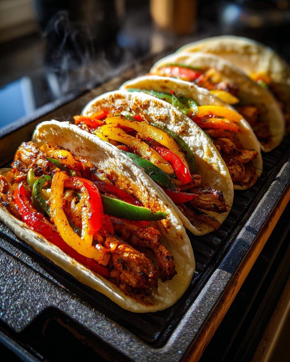 F&uuml;nf dampfende Sizzling Blackstone Fajitas mit H&auml;hnchen und bunten Paprikastreifen auf einem Grill.