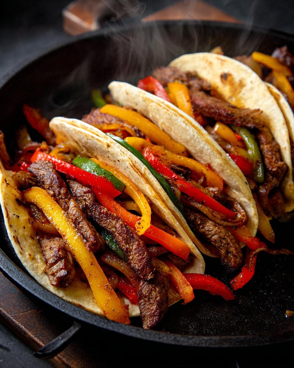Drei dampfende Sizzling Blackstone Fajitas gef&uuml;llt mit saftigem Rindfleisch und bunten Paprikastreifen.