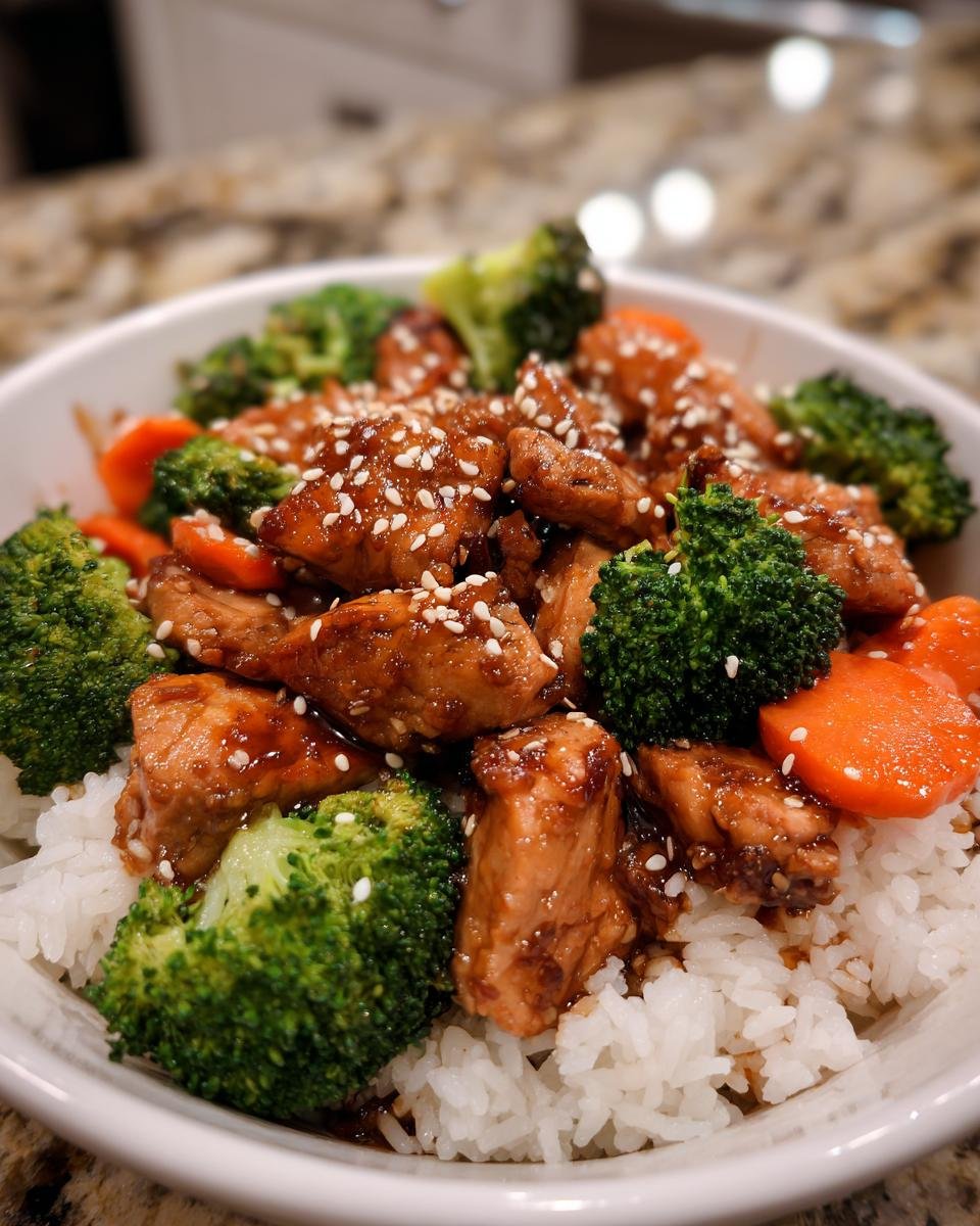 Sch&uuml;ssel mit Sizzling Blackstone Hibachi Chicken Dinner, H&uuml;hnchen, Brokkoli, Karotten und Reis, bestreut mit Sesam.