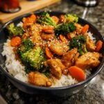 Nahaufnahme einer Sch&uuml;ssel mit Sizzling Blackstone Hibachi Chicken Dinner, garniert mit Sesam.