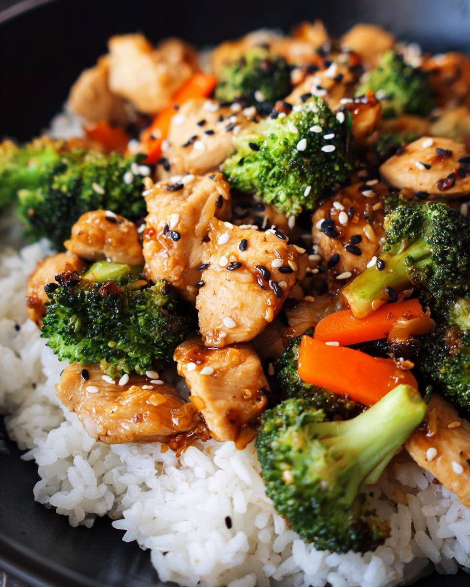 Nahaufnahme eines Sizzling Blackstone Hibachi Chicken Dinner mit H&uuml;hnchenst&uuml;cken, Brokkoli, Karotten und Reis, bestreut mit Sesam.