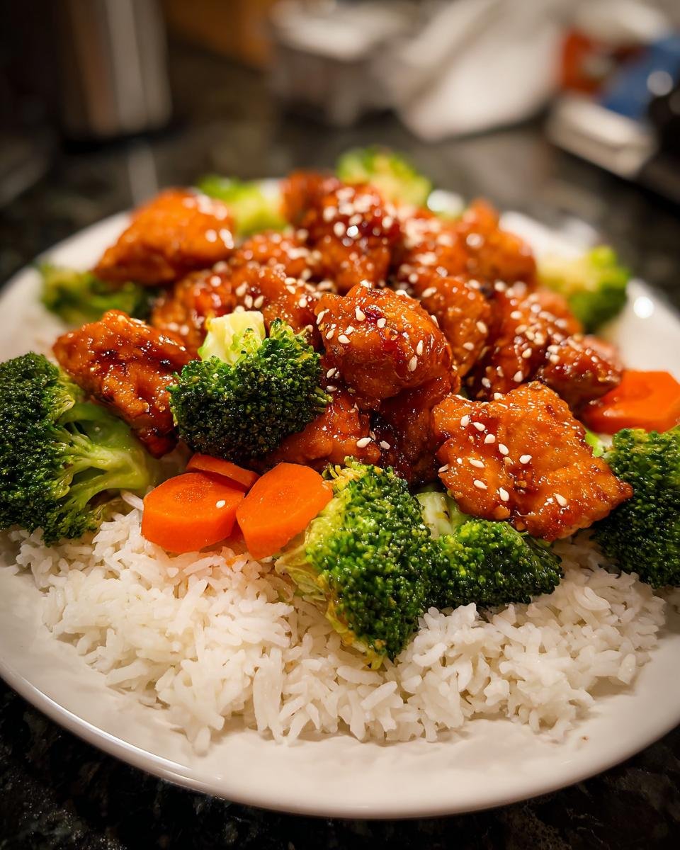 Nahaufnahme eines Sizzling Blackstone Hibachi Chicken Dinners mit Reis, Brokkoli und Karotten, bestreut mit Sesam.