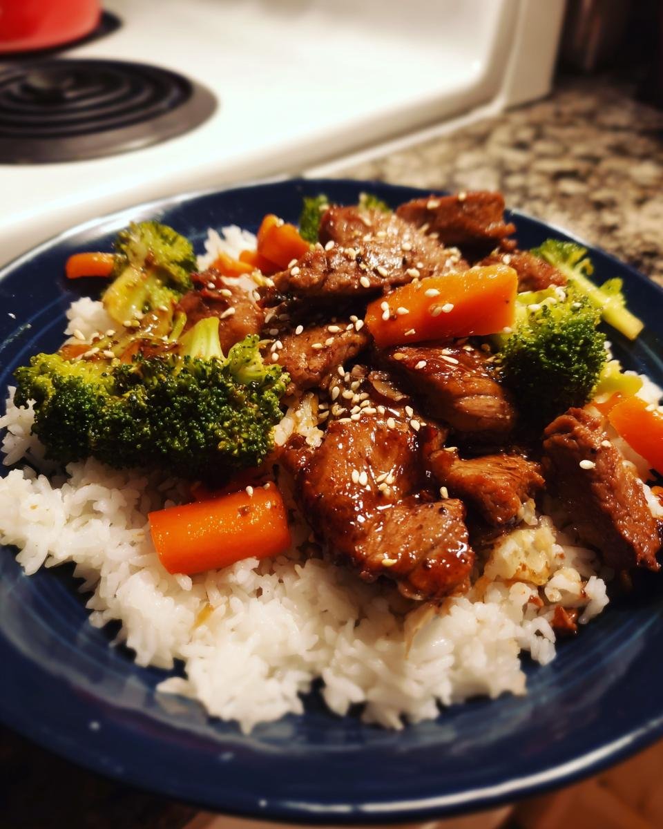 Nahaufnahme eines Sizzling Blackstone Hibachi Chicken Dinners mit Reis, Brokkoli, Karotten und Sesam.