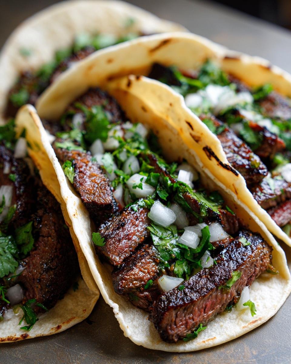 Nahaufnahme von drei k&ouml;stlichen Skirt Steak Tacos, gef&uuml;llt mit gegrilltem Skirt Steak, frischem Koriander und gew&uuml;rfelten Zwiebeln.
