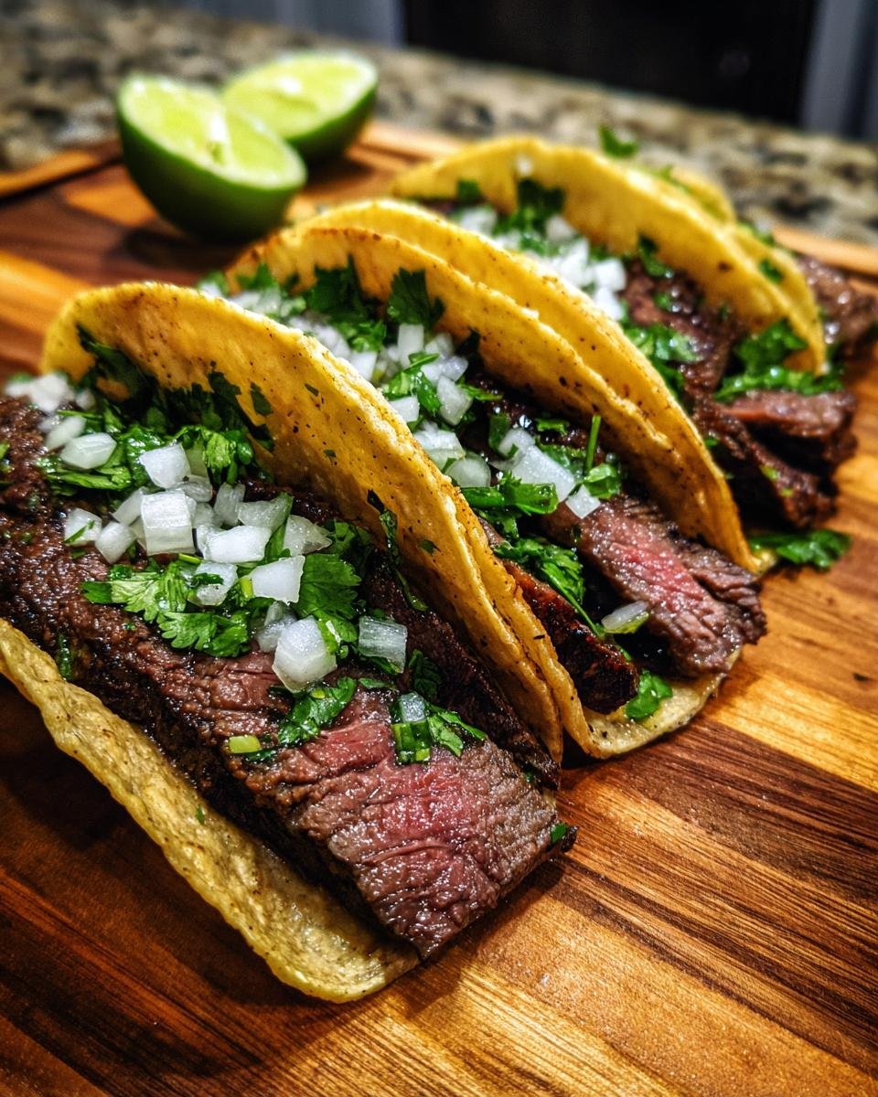 Nahaufnahme von drei Skirt Steak Tacos auf einem Holzbrett mit Limettenspalten im Hintergrund.