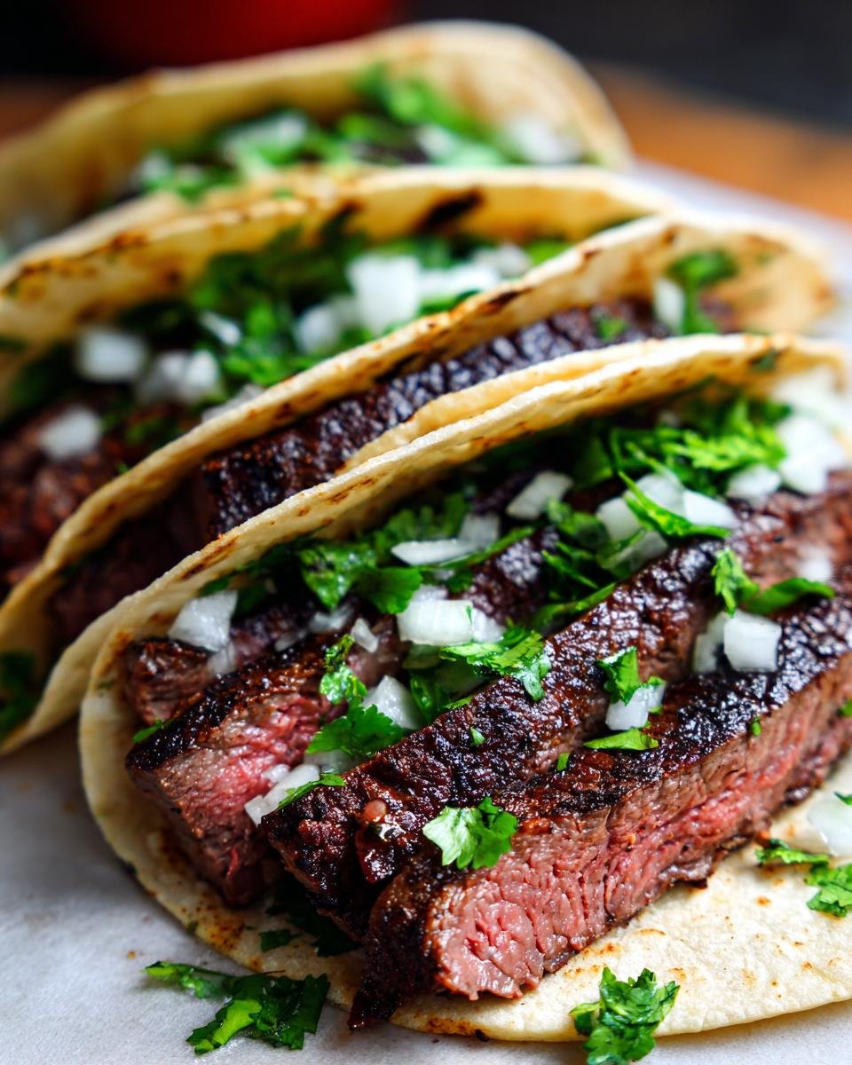 Nahaufnahme von drei Skirt Steak Tacos, gef&uuml;llt mit saftigem Steak, gehackten Zwiebeln und frischem Koriander.