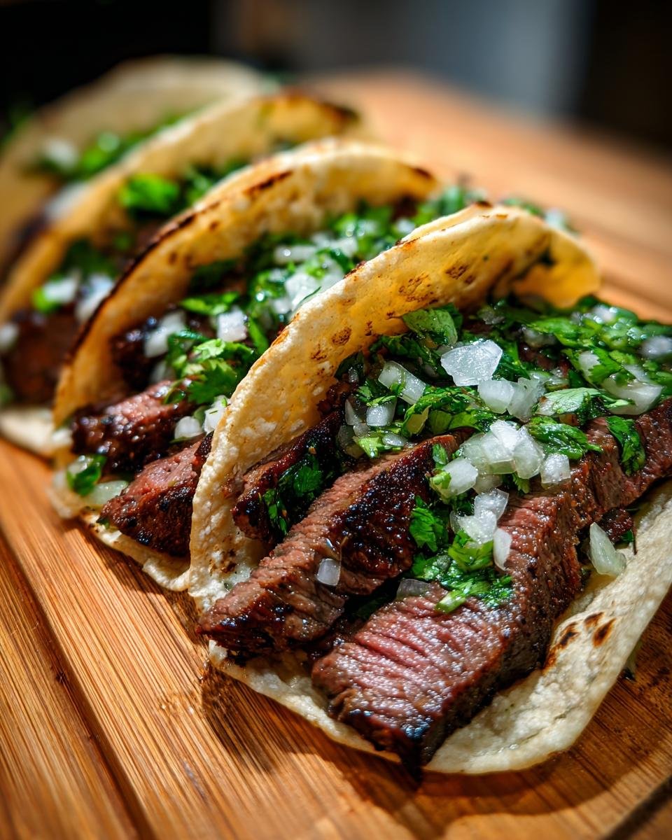 Nahaufnahme von 3 fantastischen Skirt Steak Tacos, gef&uuml;llt mit saftigem Steak, Zwiebeln und Koriander.