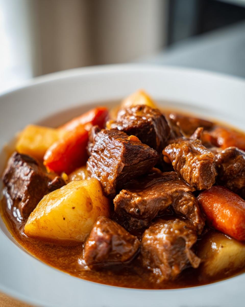 Nahaufnahme von herzhaftem Slow Cooker Beef Stew mit gro&szlig;en St&uuml;cken Rindfleisch, Kartoffeln und Karotten in dunkler So&szlig;e.