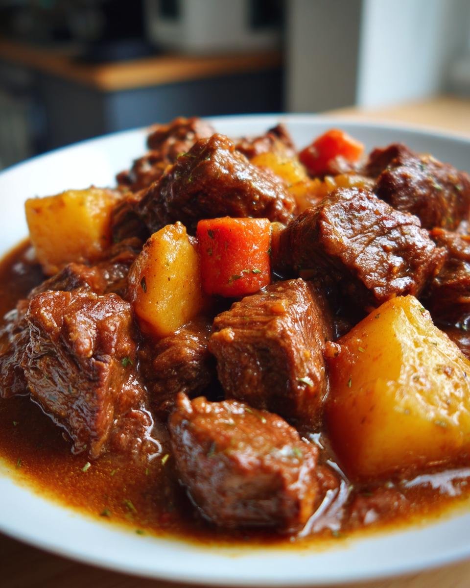 Nahaufnahme eines reichhaltigen Slow Cooker Beef Stew mit gro&szlig;en St&uuml;cken Rindfleisch, Kartoffeln und Karotten in dunkler So&szlig;e.