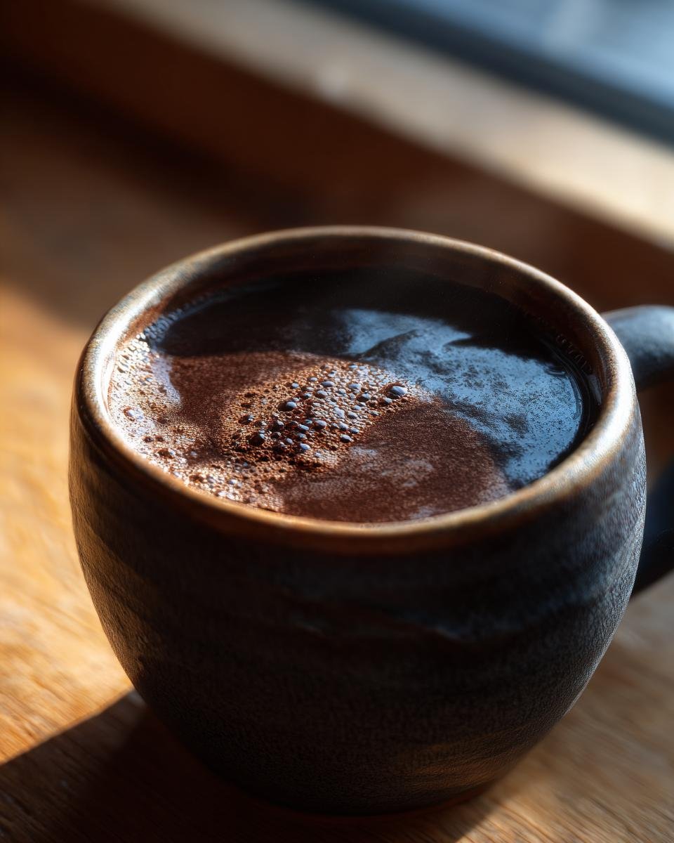 Nahaufnahme von dampfender, heißer Schokolade in einem rustikalen Keramikbecher – perfekt für Slow Cooker Hot Chocolate.