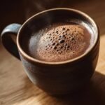 Nahaufnahme einer dampfenden Tasse mit reichhaltiger Slow Cooker Hot Chocolate und Schaumkrone.