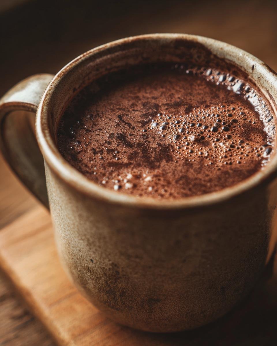 Nahaufnahme einer dampfenden Tasse cremiger Slow Cooker Hot Chocolate mit Schaumkrone auf einem Holzbrett.