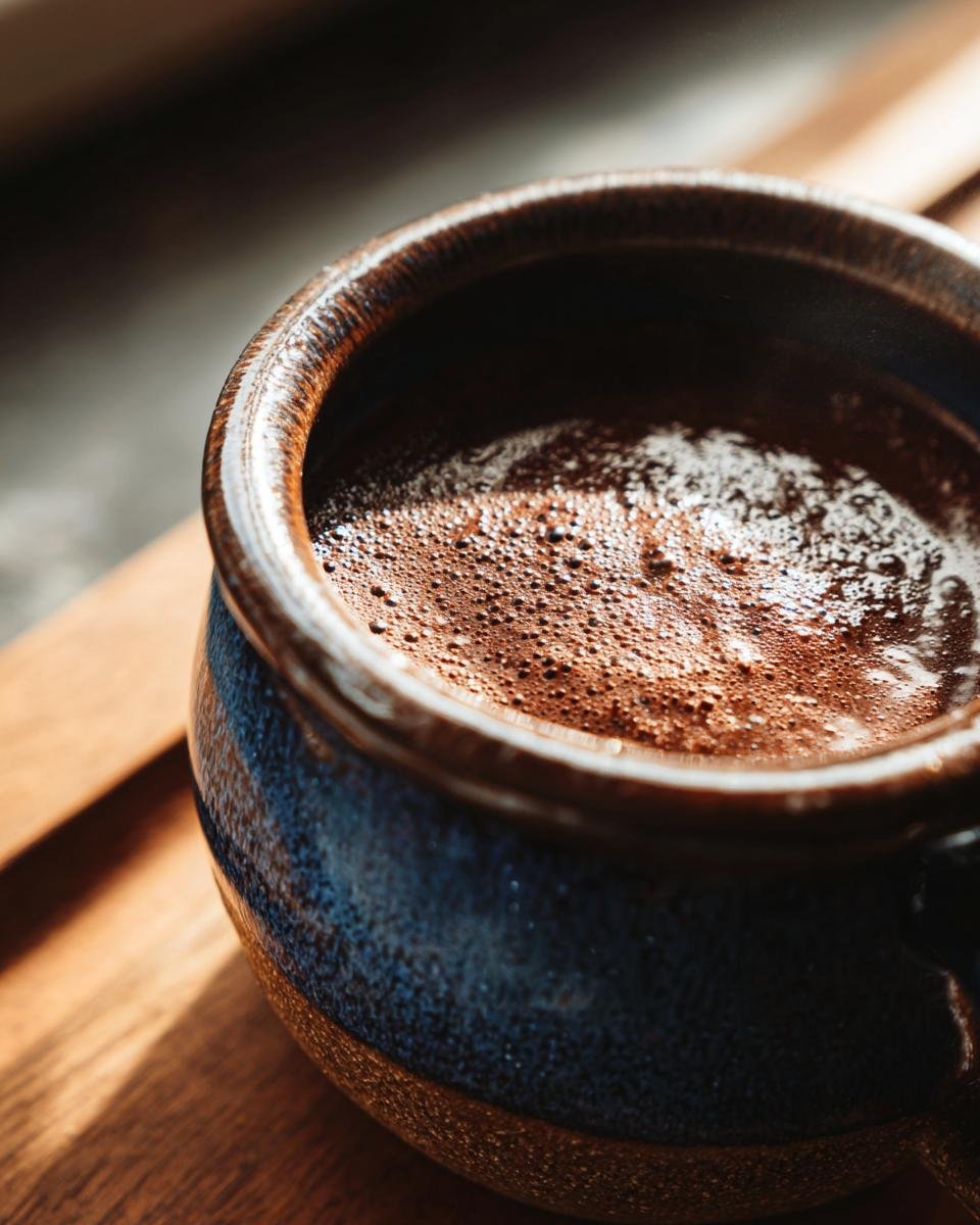 Nahaufnahme einer Tasse heißer Schokolade, zubereitet als Slow Cooker Hot Chocolate, mit Schaumkrone.
