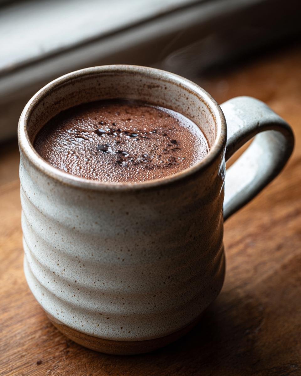 Nahaufnahme einer dampfenden Tasse Slow Cooker Hot Chocolate in einer rustikalen Keramiktasse auf Holz.