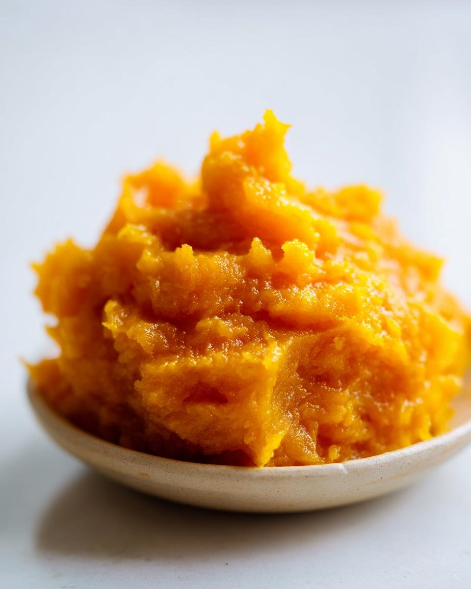 Ein L&ouml;ffel mit leuchtend orangefarbenem, selbstgemachtem Slow Cooker Pumpkin Puree vor hellem Hintergrund.
