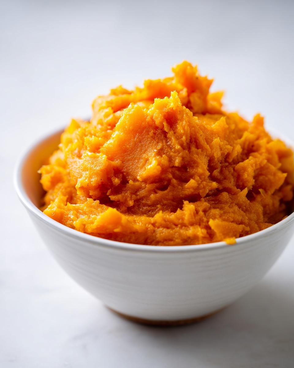 Nahaufnahme von cremigem, leuchtend orangefarbenem Slow Cooker Pumpkin Puree in einer wei&szlig;en Sch&uuml;ssel.