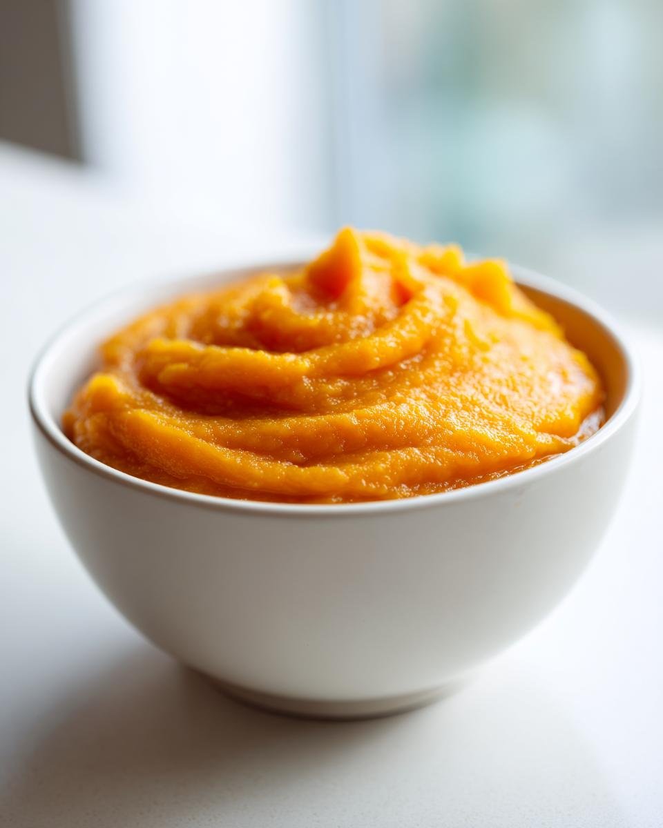 Nahaufnahme von cremigem, leuchtend orangefarbenem Slow Cooker Pumpkin Puree in einer wei&szlig;en Sch&uuml;ssel.