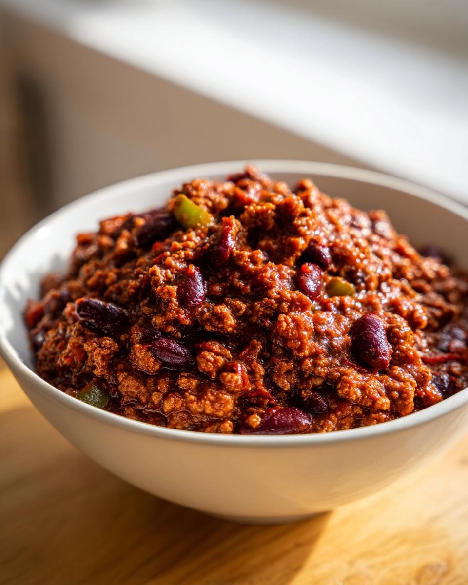 Nahaufnahme von würzigem Slow Cooker Turkey Chili mit Kidneybohnen in einer weißen Schüssel.