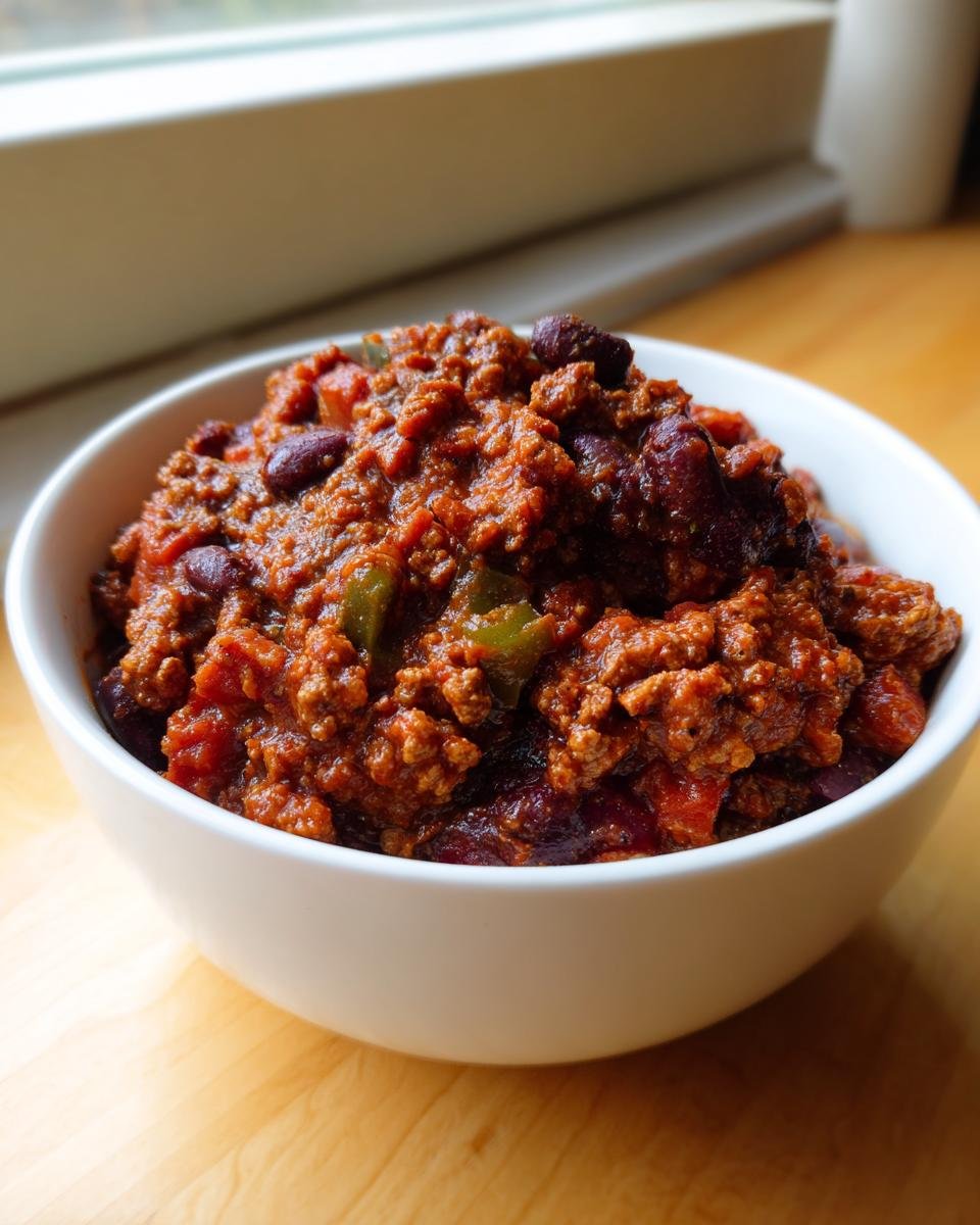 Nahaufnahme einer weißen Schüssel, gefüllt mit reichhaltigem Slow Cooker Turkey Chili mit Hackfleisch und Kidneybohnen.