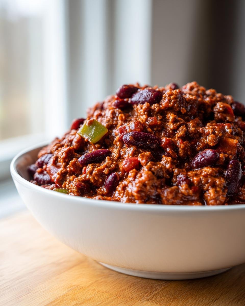 Nahaufnahme von reichhaltigem Slow Cooker Turkey Chili mit Kidneybohnen in einer weißen Schüssel.
