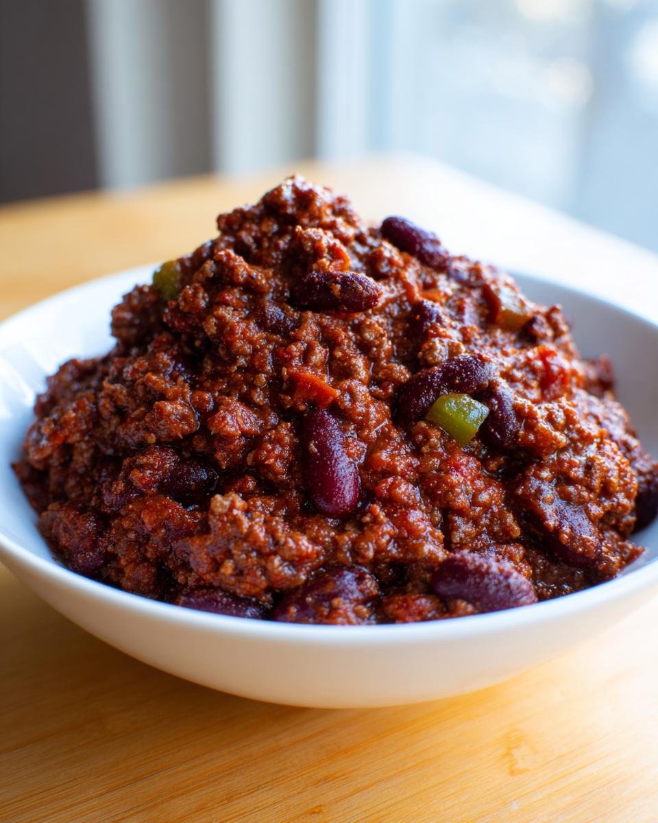 Nahaufnahme einer weißen Schüssel gefüllt mit reichhaltigem Slow Cooker Turkey Chili und Kidneybohnen.