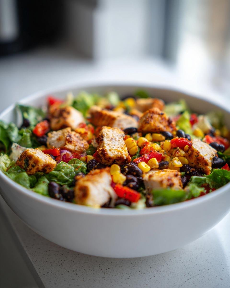 Nahaufnahme einer wei&szlig;en Sch&uuml;ssel mit Southwest Chicken Salad, belegt mit gew&uuml;rzten H&auml;hnchenst&uuml;cken, schwarzen Bohnen und Mais.