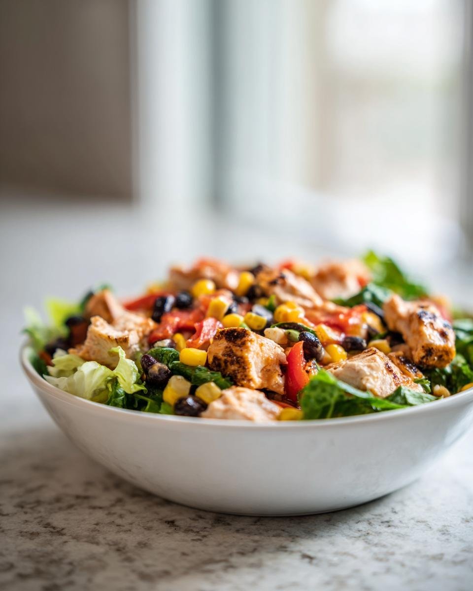 Nahaufnahme einer Sch&uuml;ssel mit Southwest Chicken Salad, belegt mit gegrillten H&auml;hnchenst&uuml;cken, schwarzen Bohnen und Mais.