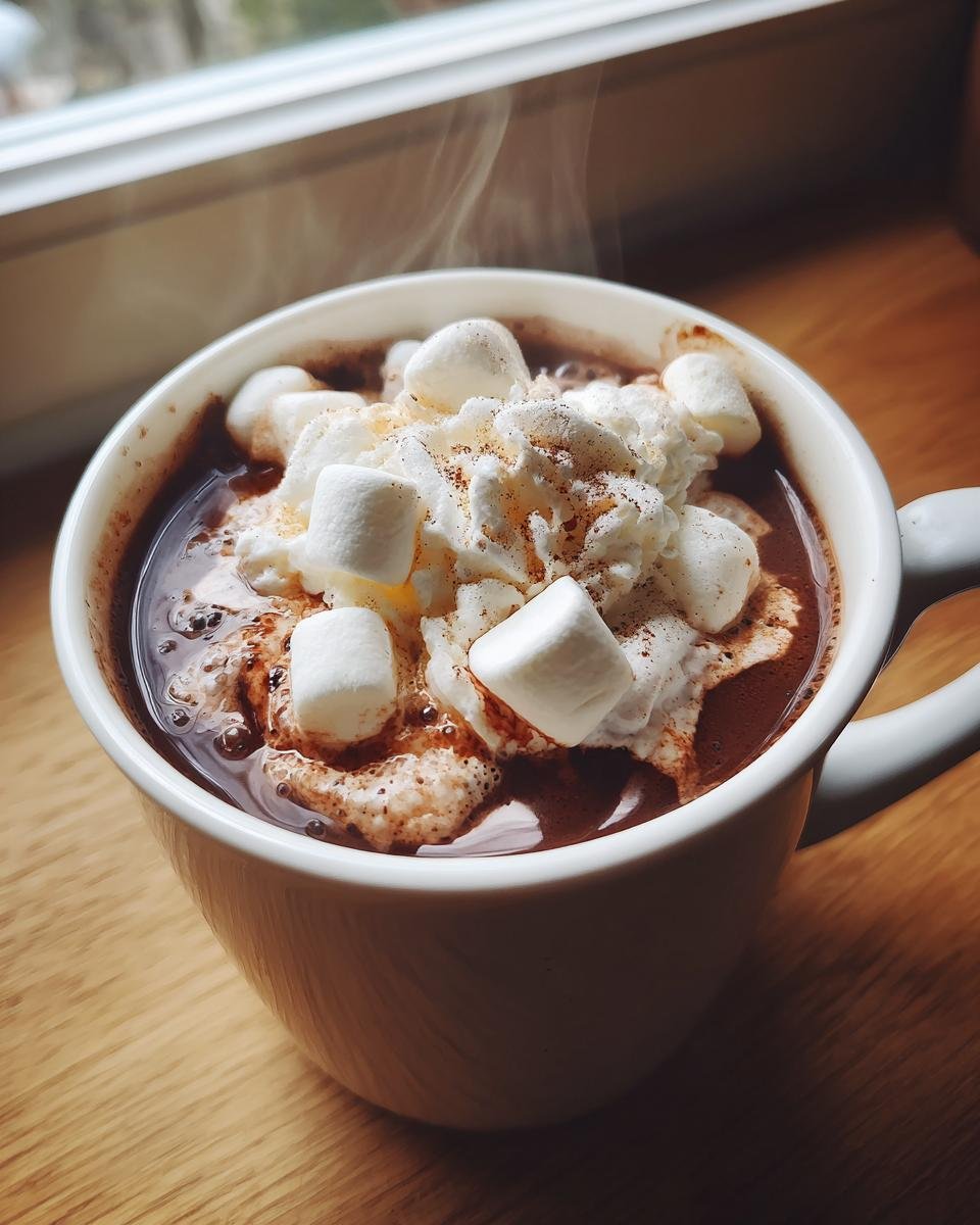 Nahaufnahme von dampfender Spiked Crockpot Hot Chocolate mit Sahne und Marshmallows.