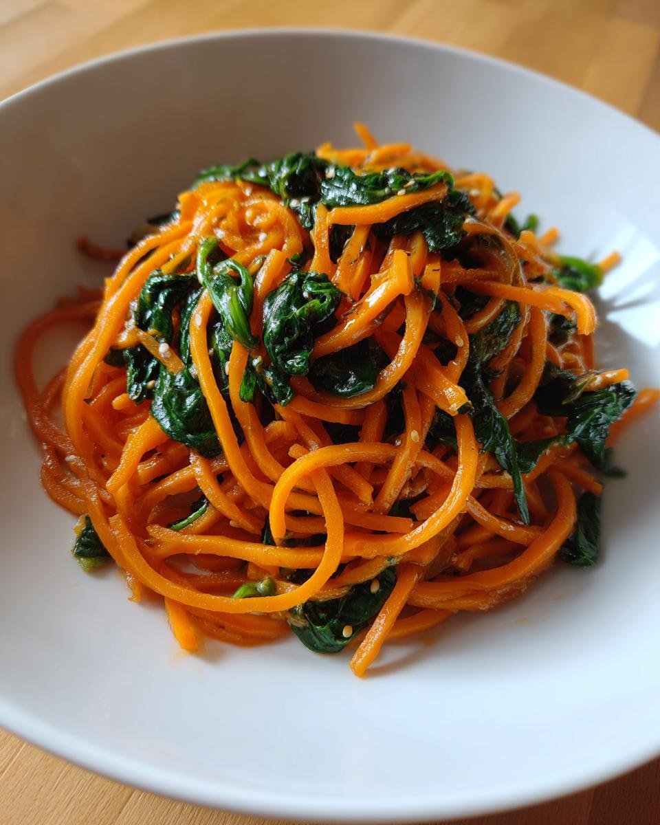 Nahaufnahme von leuchtend orangefarbenen S&uuml;&szlig;kartoffel-Nudeln mit dunklem Spinat in einer wei&szlig;en Sch&uuml;ssel.