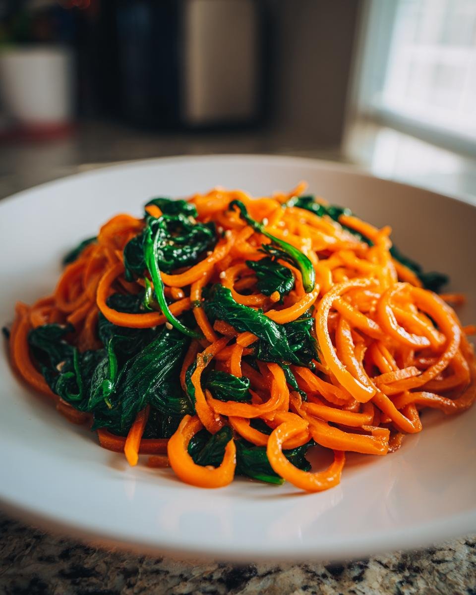 Nahaufnahme von leuchtend orangefarbenen S&uuml;&szlig;kartoffel-Nudeln mit dunklem, sautiertem Spinat auf einem wei&szlig;en Teller.