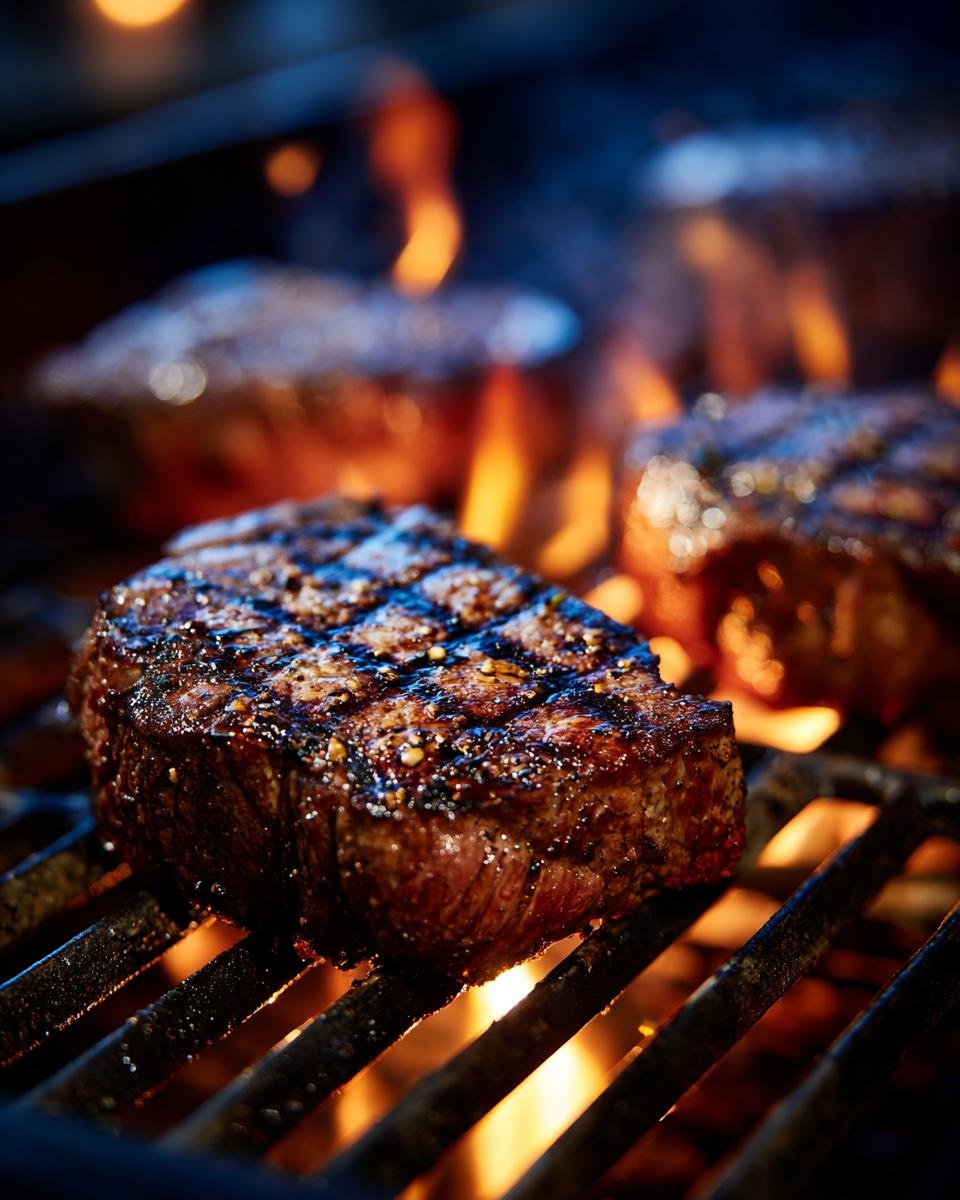 Ein saftiges Steak wird auf einem Grill mit Flammen gegrillt, perfekt f&uuml;r 4. Juli Party Rezepte.