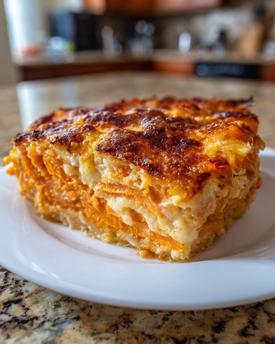 Ein gro&szlig;es St&uuml;ck cremiges S&uuml;&szlig;kartoffelgratin mit geschichteten S&uuml;&szlig;kartoffeln und einer goldbraun &uuml;berbackenen K&auml;sekruste.