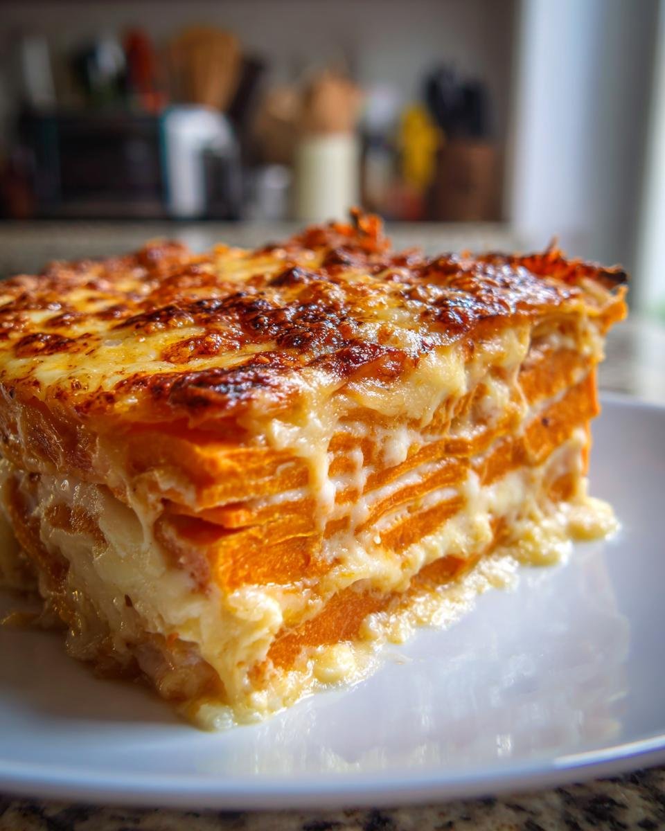 Nahaufnahme eines cremigen St&uuml;cks S&uuml;&szlig;kartoffelgratin mit geschichteten S&uuml;&szlig;kartoffeln und goldbraun &uuml;berbackenem K&auml;se.