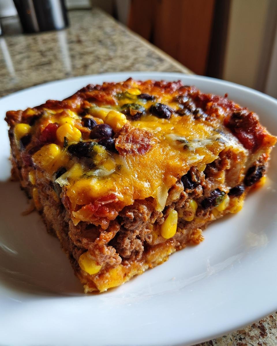 Nahaufnahme eines Stücks Taco Casserole mit Hackfleisch, Mais, schwarzen Bohnen und geschmolzenem Käse.