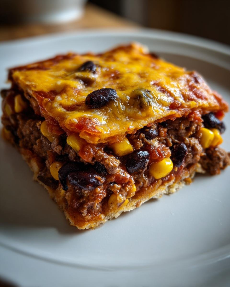 Nahaufnahme eines Stücks Taco Casserole mit Hackfleisch, Mais, schwarzen Bohnen und geschmolzenem Käse.